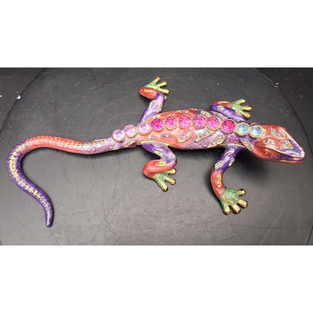 Enamel Lizard Trinket Box Jeweled Gecko Figurine Multi‎ Color Rhinestone Hinged